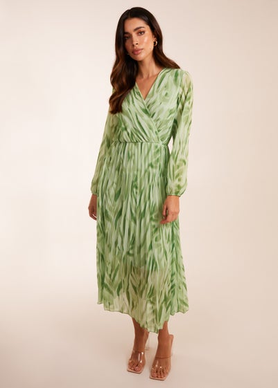 Blue Vanilla Green Abstract Wrap Pleated Midi Dress