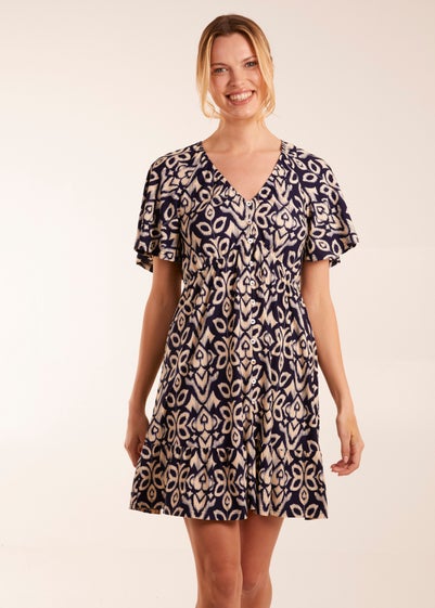 Blue Vanilla Navy Button Through Elastic Waist Mini Dress