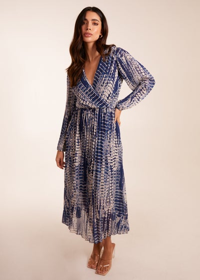 Blue Vanilla Navy Pleated Abstract Snake Print Wrap Dress