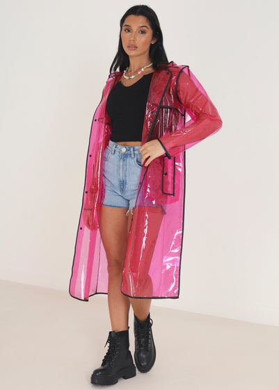 Brave Soul Pink Hooded Longline Rain Mac With Contrasting Binding