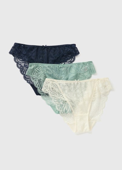 3 Pack Green Cream & Black Lace High Leg Knickers