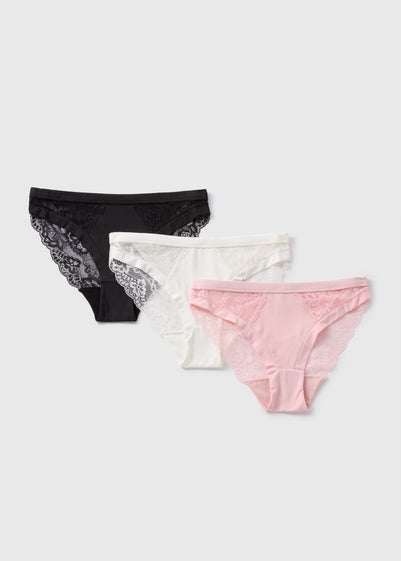 3 Pack Pink Cream & Black Lace High Leg Knickers