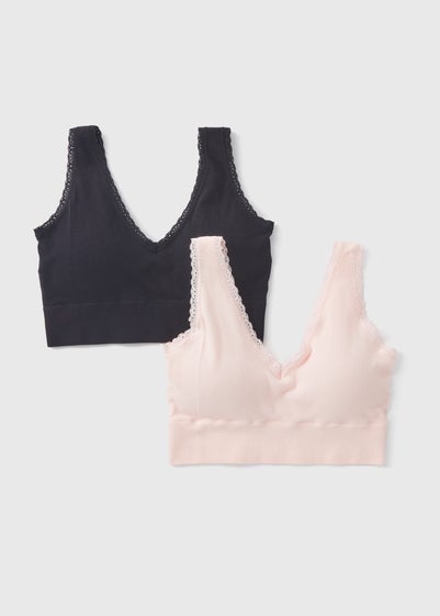 2 Pack Seamless Pink & Black Padded Lace Trim Crop Top