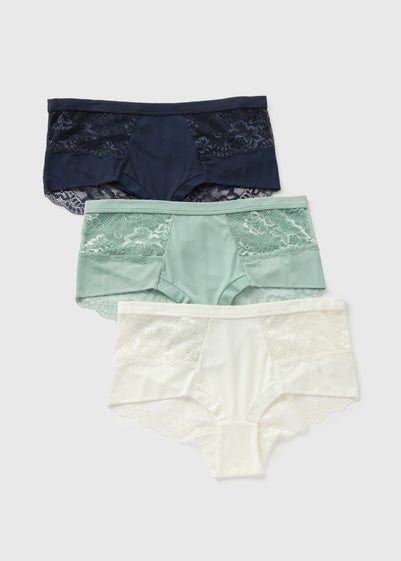 3 Pack Green/Navy/Cream Lace Midi Knickers