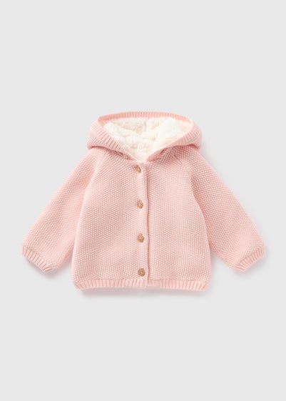 Baby Pink Borg Lined Knitted Cardigan (Newborn-23mths)