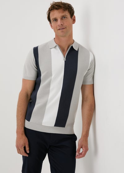 Grey Stripe Zip Polo Shirt