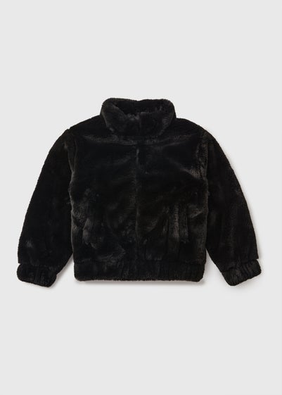 Girls Black Faux Fur Bomber Jacket (7-15yrs)