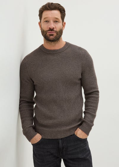 Brown Ribbed Crew Neck Jumper