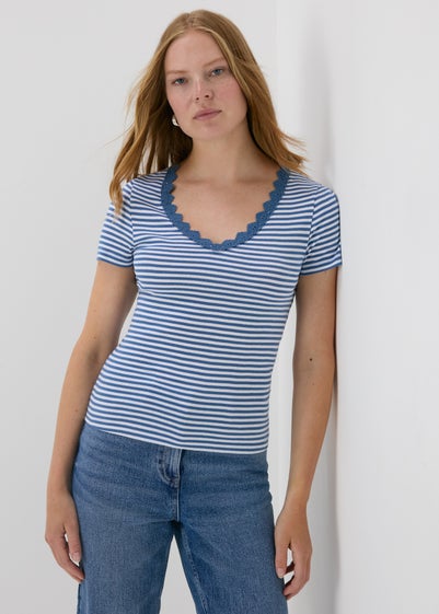 Blue Stripe Lace Detail T-Shirt