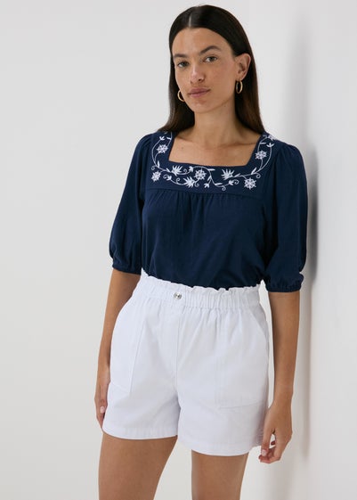 Navy Embroidered Floral 3/4 Sleeve Top