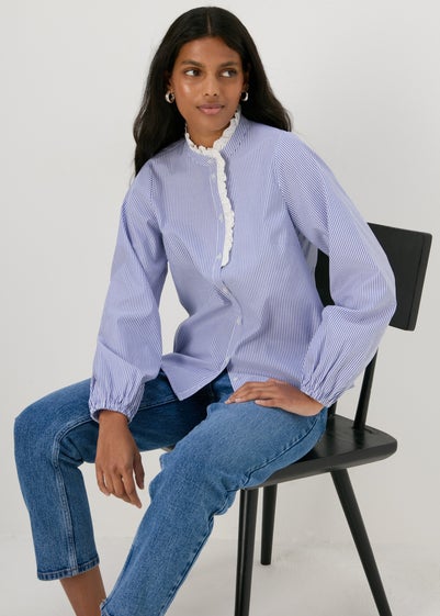 Blue Stripe Frill Neck Shirt