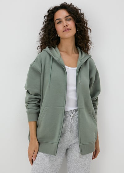 Khaki Longline Zip Up Hoodie