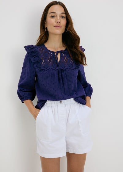 Navy Frill Embroidery Blouse