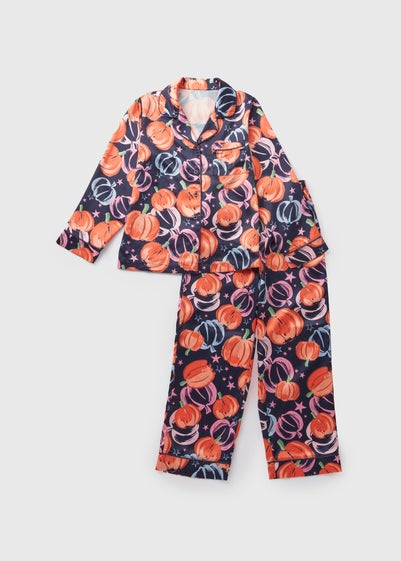 Girls Navy Pumpkin Satin Pyjama Set (10-12yrs)