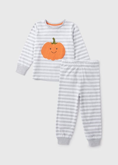 Unisex Grey Striped Pumpkin Pyjama Top & Bottoms Set (1-7yrs)