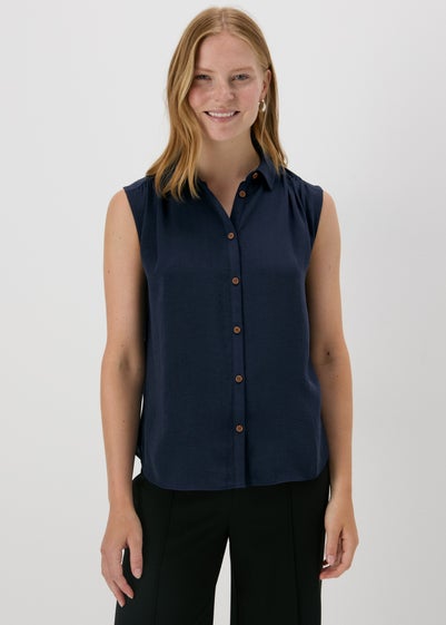 Navy Sleeveless Button Shirt