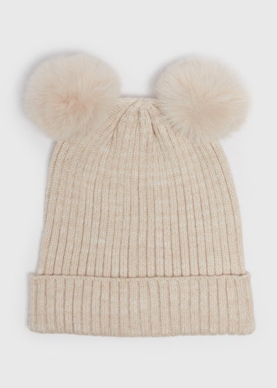 Girls Oatmeal Double Pom Pom Beanie (3-13yrs)