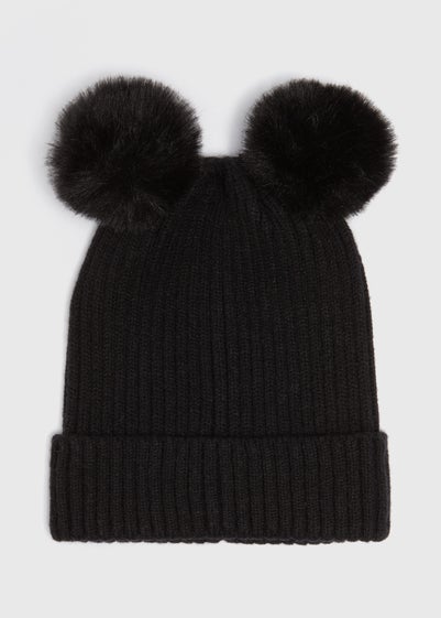 Girls Black Double Pom Pom Beanie (3-13yrs)