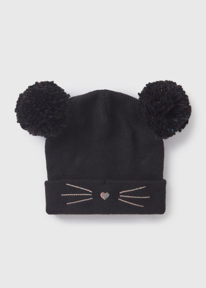 Girls Black Cat Beanie Hat (3-10yrs)