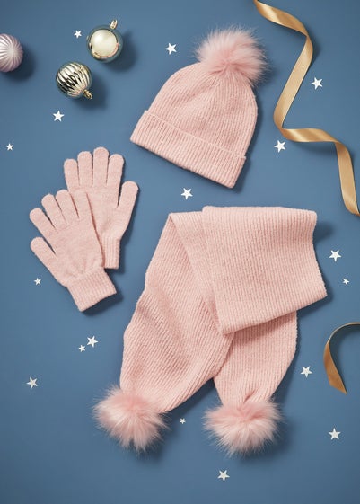 3 Piece Girls Pink Sparkle Hat, Gloves & Scarf Set (3-13yrs)