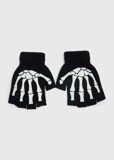 Kids Black Skeleton Glow In The Dark Fingerless Gloves