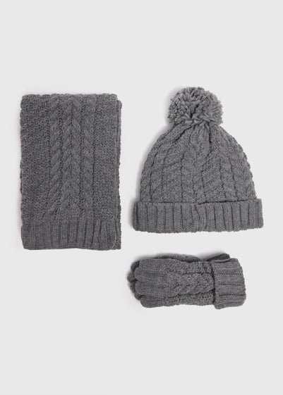 3 Piece Girls Grey Snuggle Hat, Scarf & Gloves Set (3-10yrs)