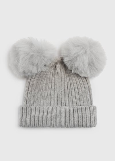 Baby Grey Double Pom Pom Beanie (Newborn-24mths)