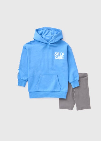 Girls Blue Self Care Hoodie & Cycling Shorts Set (7-15yrs)