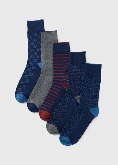 5 Pack Navy Patterned Socks