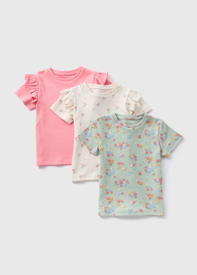 3 Pack Girls Pink Floral T-Shirts (1-7yrs)