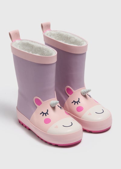 Girls Pink Unicorn Fleece Lined Wellies (Younger 4-12)