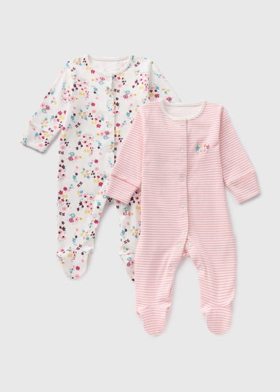 2 Pack Girls Multicolour Floral Sleepsuits (0-23mnths)