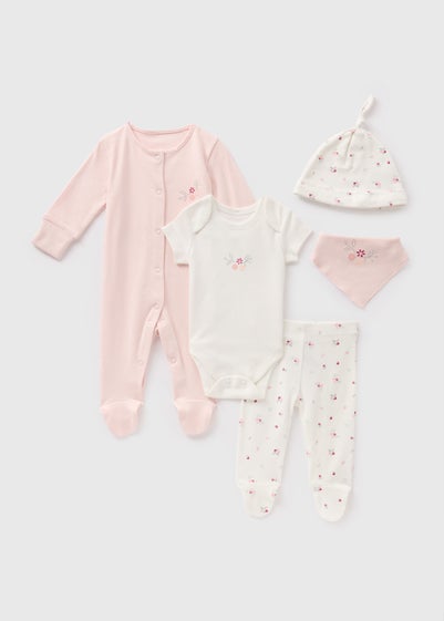 5 Pack Baby Pink Flower Sleepsuit Set (Newborn-6mths)