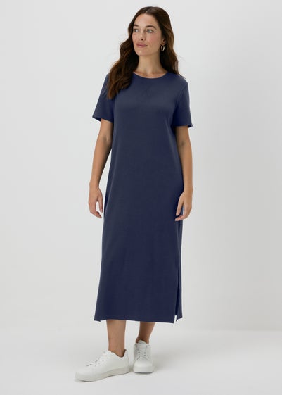 Navy Ribbed Midi T-Shirt Dress