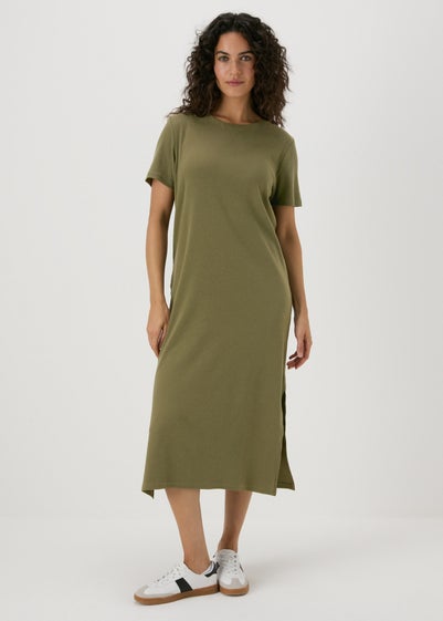 Khaki Ribbed T-Shirt Dress