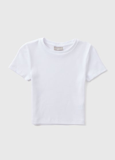 Girls White Plain Ribbed Top (7-15yrs)