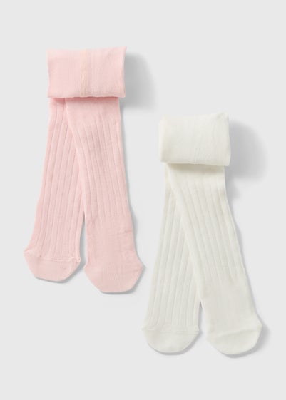 2 Pack Baby Pink & Cream Ribbed Tights (Newborn-18mths)