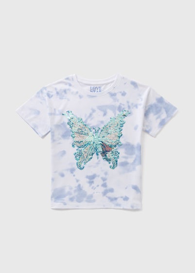 Girls Blue Acid Wash Butterfly T-Shirt (7-15yrs)