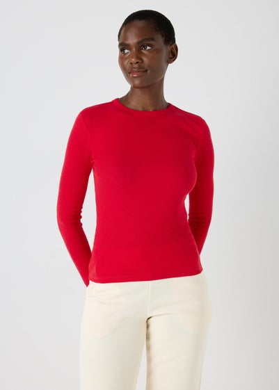 Red Ribbed Long Sleeve Top