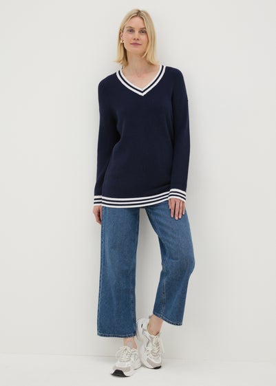 Navy V Neck Knitted Tunic