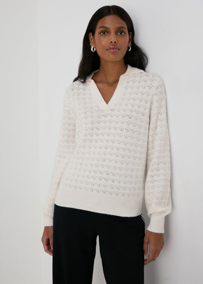 Papaya Petite Cream Pointelle Open Collar Jumper