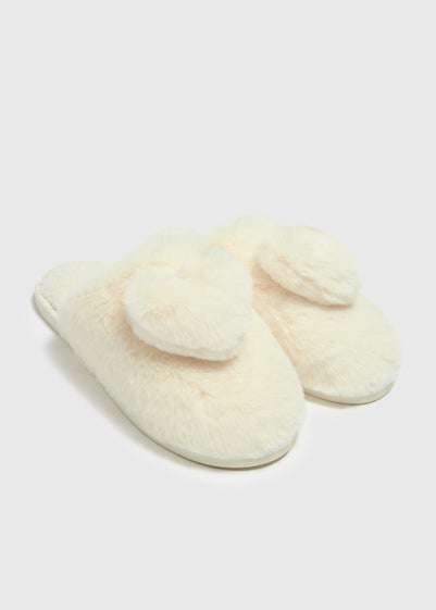 Cream Heart Pom Mule Slippers