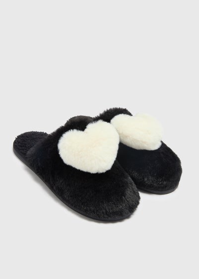 Black Heart Pom Mule Slippers