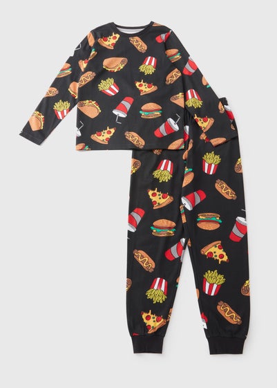 Boys Black All Over Food Print Pyjama Set (7-13yrs)