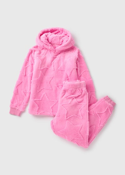 Girls Pink Star Fluffy Hoodie & Bottoms Lounge Set (7-13yrs)