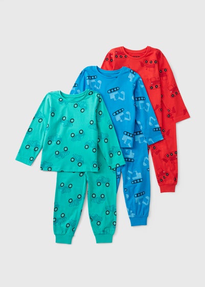 3 Pack Boys Blue Transport Pyjama Top & Bottoms Set