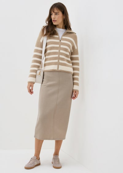 Beige Ribbed Midi Skirt