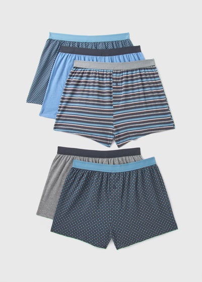 5 Pack Blue Patterned Loose Fit Boxers