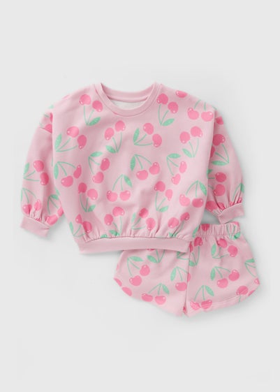 Girls Light Pink Cherry Sweatshirt & Shorts Set (1-7yrs)