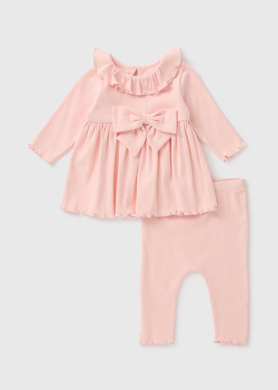 Baby Pink Ribbed Bow Top & Legging Set (Newborn-23mnths)